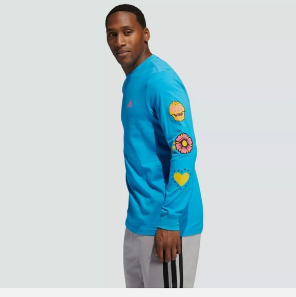 🆕 Adidas | Day of the Dead Candy Skulls Blue Long Sleeve Shirt Mens Size Medium - Picture 2 of 7